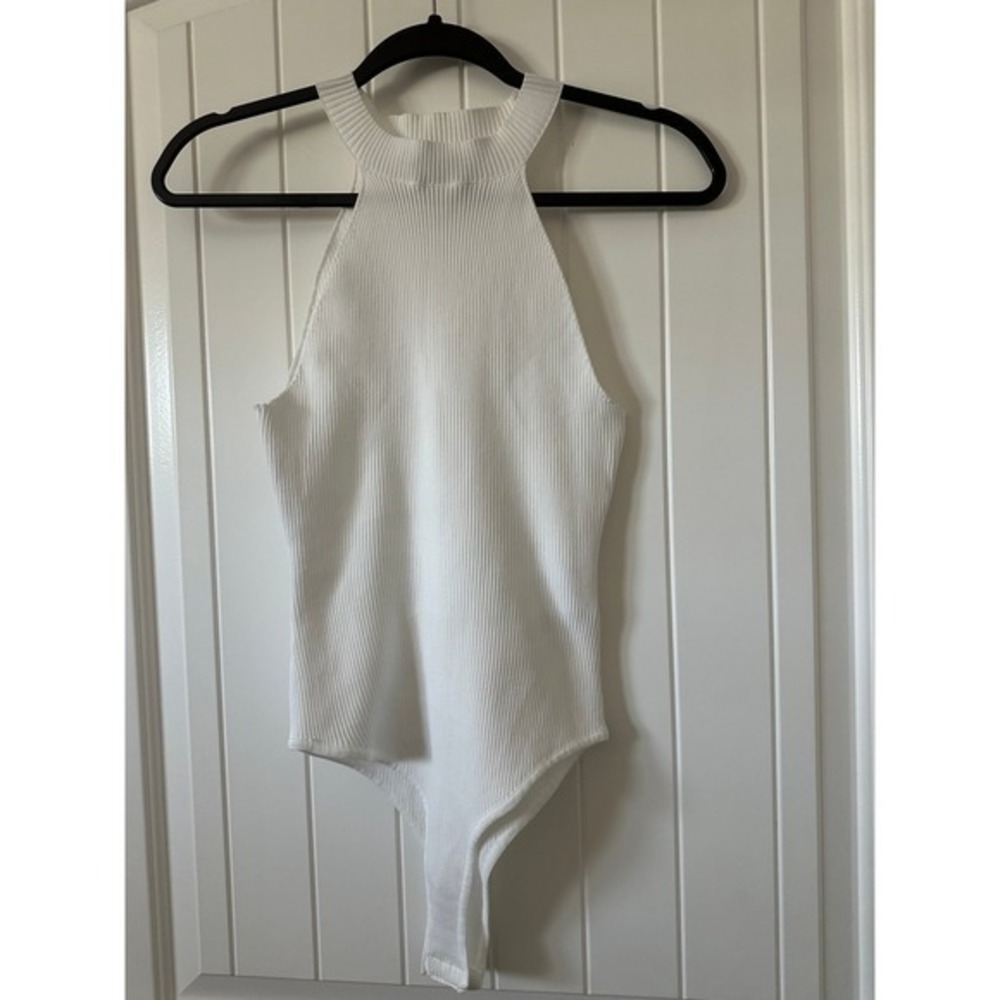 Happily Grey Ribbed High Neck White‎ Bodysuit Large